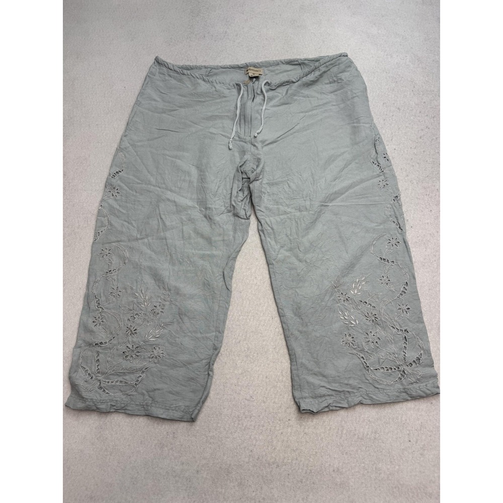 Elevenses Pants Women's 12 Blue Linen Blend Cropped Embroidered Floral Boho